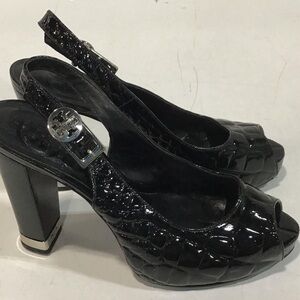 Women’s Tory Burch Allison Black Patent Leather Croc Peep-Toe Slingback Heels 5M